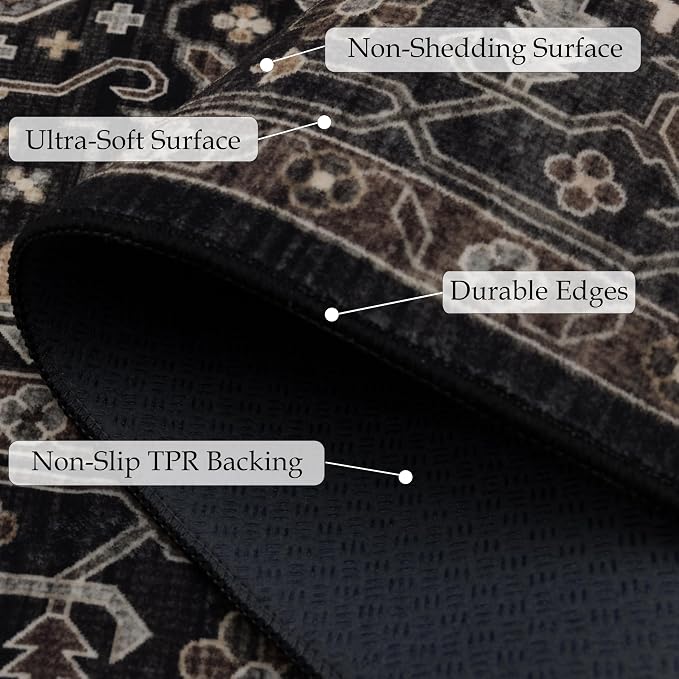 Ruaruarug Washable Area Rug 8x10 for Living Room, Bedroom, Ultra Soft Non Slip Stain & Fade Resistant, Pet & Kids Friendly, Suitable for High Traffic Areas Easy to Clean for Office Kitchen, Black Grey