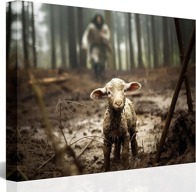 Jesus and Lamb Canvas Wall Art Jesus Running After Lost Lamb Picture Wall Art Canvas Print Christian Home Decor, 11x14 inch