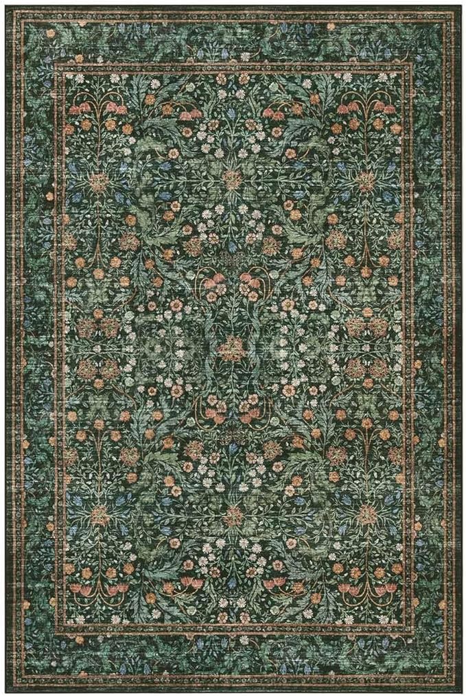 Rugxara 5x7 Area Rugs for Living Room Bedroom, Large Washable Rug, Green Vintage Floral Boho Rug, Non Slip & Low Pile Faux Wool Thin Carpet for Indoor Dining Room and Kids Room(Green 5x7ft)