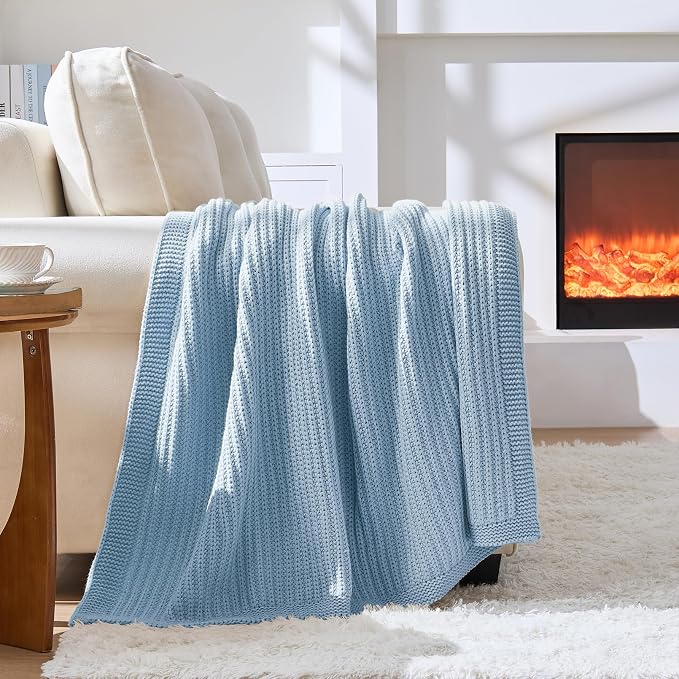 Chunky Knit Blue Throw Blanket for Couch Soft Cozy Large Thick Knitted Throw Blankets for Sofa Bed Cute Decorative Throw Blanket for Living Room,60"x 80",Light Blue