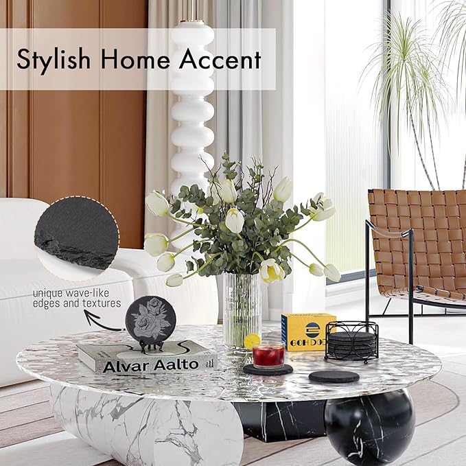 Slate Drink Coasters with Metal Holder, GOH DODD Set of 8 Black Coasters, 4 Inch Stone Coaster Set Tabletop Protection for Home Outdoor Kitchen Apartment Decor Housewarming Gifts Wedding Party, Round