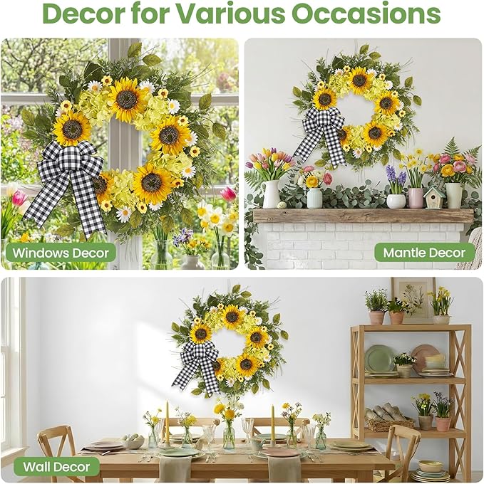 Sunflower Wreaths for Front Door, 22 Inch Spring and Summer Welcome Wreath with Bow for Farmhouse Porch Wall Window Home Decor for Indoor Outdoor Housewarming Gift