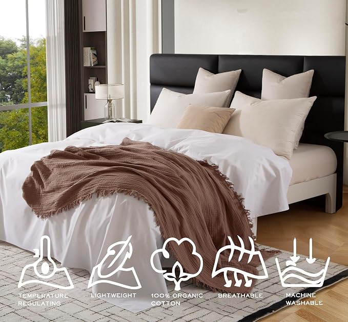 KyraHome 100% Organic Cotton Throw Blankets, 90“x90” Queen, Pre-Washed Muslin Blanket, Plant Dyed, Breathable Lightweight Gauze Summer Blankets for Adults, Bed, Couch, All Season, (Brown)