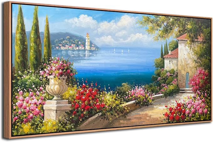 Arjun Extra Large Wood Framed Landscape Wall Art Canvas Living Room, Hand Painted Seascape Painting Bedroom Flower Blue Ocean Picture Artwork Home Office Wall Decor 58"x29"