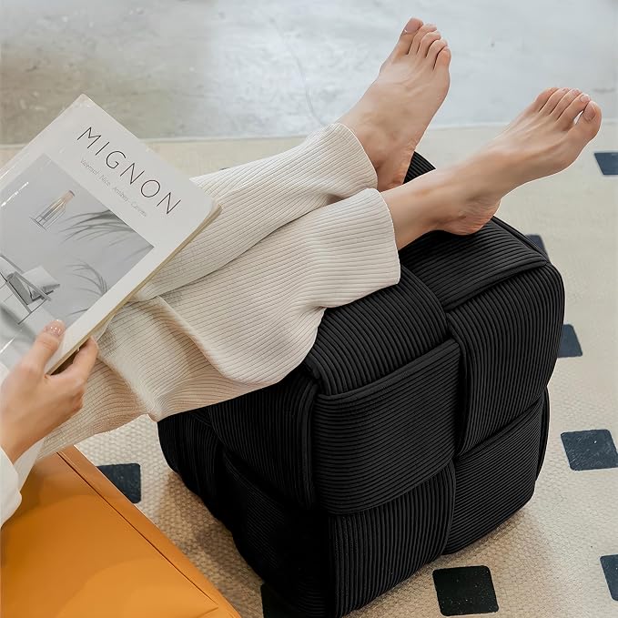 Cmishe 15" Square Woven Corduroy Ottoman Footrest - Modern Vanity Stool for Living Room & Entryway, Eco-Friendly Wood Frame, No Assembly (Black)