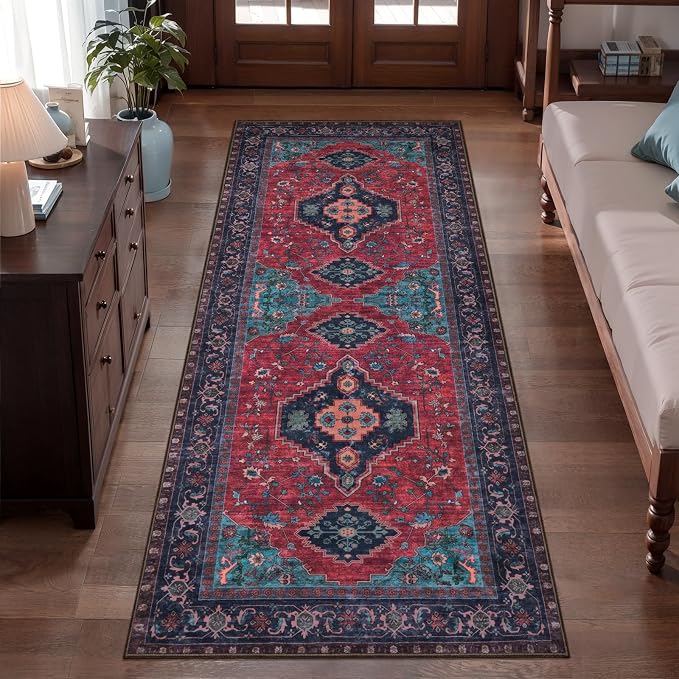Tangsoo 2x6 Washable Runner Rug for Hallways, Non Slip Vintage Runner Rug, Soft Low Pile Long Rug Runner Print Distressed Carpet Runners for Kitchen Bedroom Entryway Bathroom Living Room Burgundy/Navy
