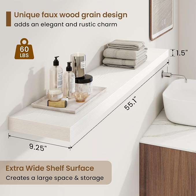 55in Floating Shelves for Wall, 55"W x 9.25"D x 1.5"H, Long Wall Mounted Engineered Wood Shelves with Invisible Brackets for Living Room, Bedroom, Bathroom, Kitchen Decor and Storage, White