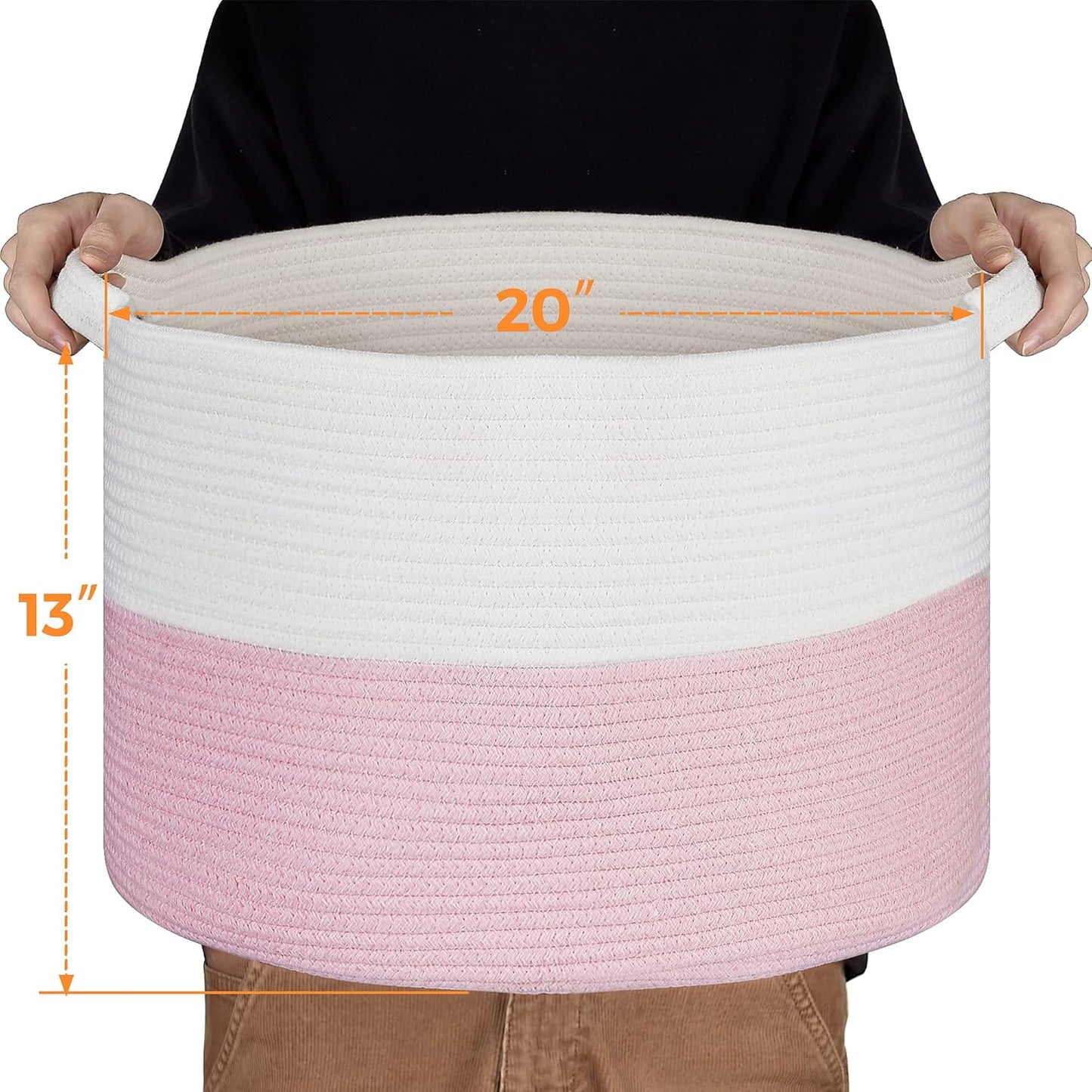 Ravinte Blanket Basket - 20"x 20"x 13" Cotton Rope Basket for Living Room, Baby Toy Storage Basket, Large Woven Laundry Basket (White-Pink)