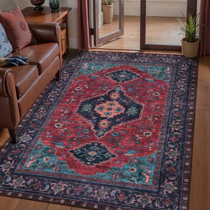 Tangsoo Washable Rug 4x6 Area Rug, Oriental Rug Indoor for Living Room, Non Slip Machine Washable Large Rugs, Soft Print Distressed Carpet for Bedroom Dining Room Dorm Office Burgundy/Navy