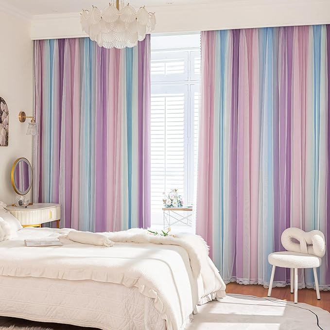 XiDi Double Layer Curtains with Sheer Overlay for Girls Bedroom Living Room 2 Panels 96 Inches Long Colorful Rainbow Blackout Curtains for Kids Unicorn Princess Grommet Drapes Pink Purple W52 x L96