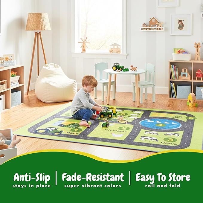 John Deere Interactive Play Area Rug, 69 x 52 Inch Large Kids Farm Playmat with Tractor & Animals, Non-Slip Backing for Bedroom & Playroom (100% Officially Licensed Product) by Franco