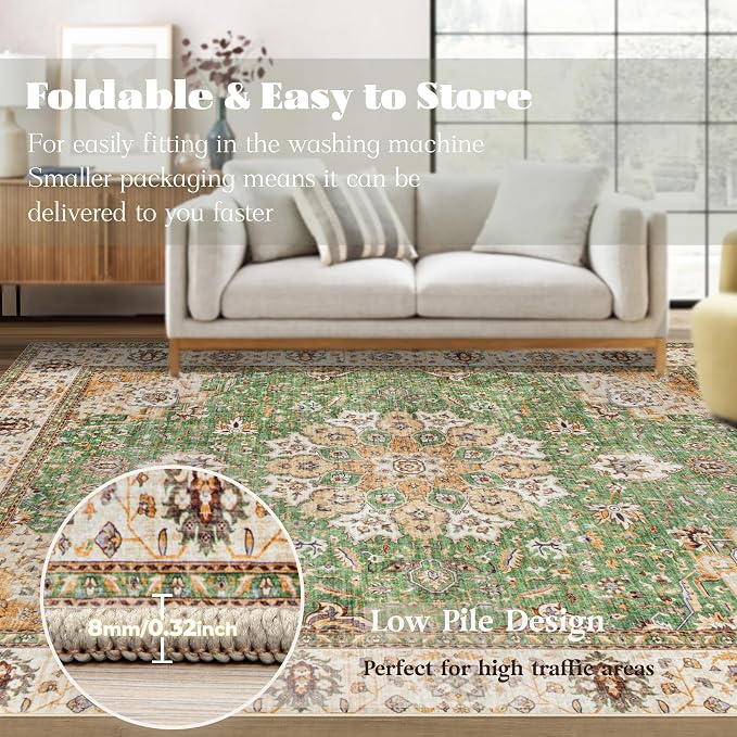 Area Rug 9x12 Washable Rug, Vintage Boho Medallion Rugs Non-Slip Soft Low Pile Large Distressed Rug Indoor Retro Carpet for Living Room Bedroom Dining Room Home Office (Vintage Green, 9'x12')