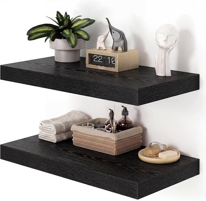 Heimlove 12" Deep Black Floating Shelves for Wall, 24 Inch Shelf Bathroom Shelves Set of 2, Mounted Shelves for Books Living Room Laundry Room Bedroom Kitchen Home Office