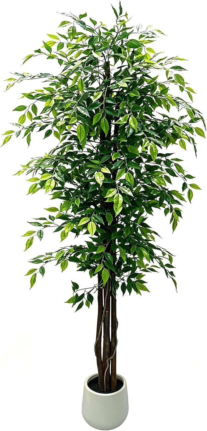 7ft Tall Artificial Ficus Tree in White Pot, Straight Trunk Fake Ficus Tree with Lush Green Leaves, Faux Potted Plant for Indoor Outdoor Home Office Living Room Patio Decor