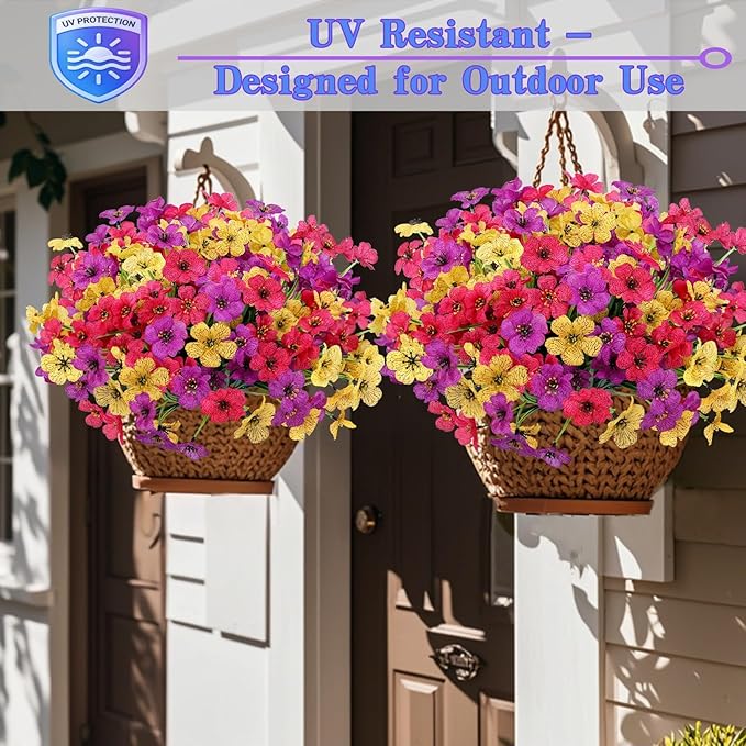 Geegoods Artificial Mums Flowers for Outdoors, 12 Bundles UV Resistant Fake Plastic Colorful Mix Flowers for Patio Porch Spring Summer Decor