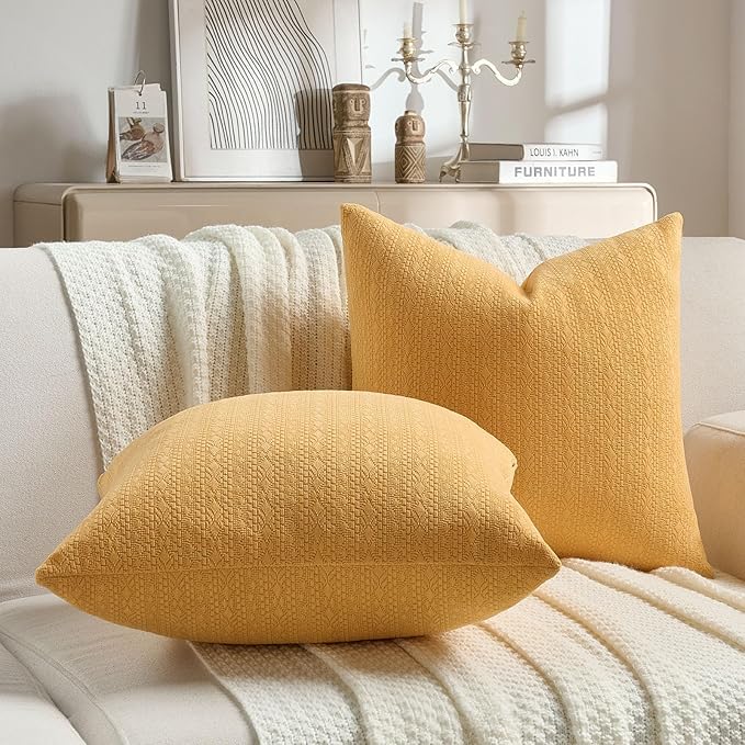 FUTEI Mustard Yellow Chenille Throw Pillow Covers 20x20 Inch Set of 2,Soft Striped & Diamond Textured Cushion Cases,Modern Home Decor for Couch Living Room