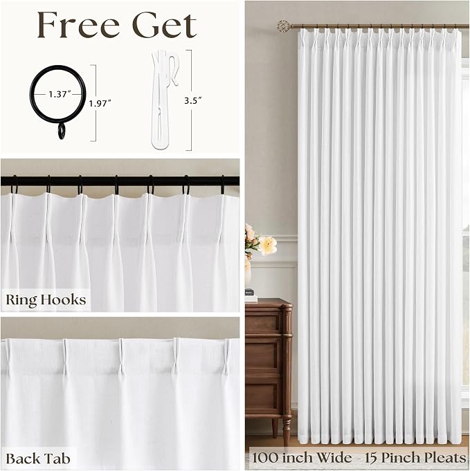 100 Inch Wide Curtains 96 Inch Long Pinch Pleat Linen Curtains for Living Room Bedroom Boho Farmhouse Light Filtering Privacy Pleated Hooks Rings Back Tab for Sliding Door White 1 Panel 100 x 96
