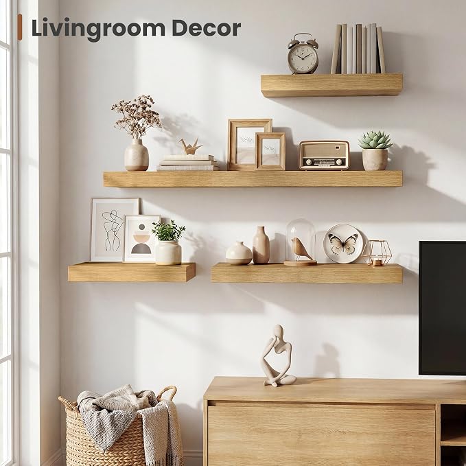 Vivelove 12 Inch Deep Floating Shelves 16 inch Long, 2 Inch Thick Wall Shelves with Invisible Brackets, Shelf for Bedroom Bathroom Living Room Kitchen Office Home Decor, Modern Shelf Set of 2, Oak