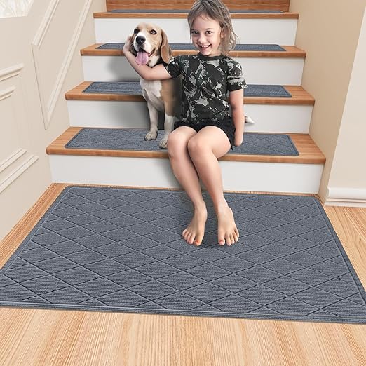 Stair Treads Non Slip Landing Rug for Wooden Steps Indoor, Peel and Stick Stair Treads Matching-Mat 20"X32" Landing Slip Resistant Stair Rugs for Kids and Dogs, Polyester Stair Landing Mat, Grey Blue