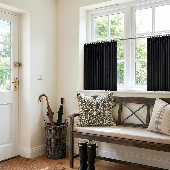 Short Black Pinch Pleated Curtains 24 Inches Long Rustic Vintage Light Filtering Linen Blend Small Window Curtain for Kitchen Dining Room Semi Sheer Privacy Flax Linen Pleat Cafe Drapes 2 Panels