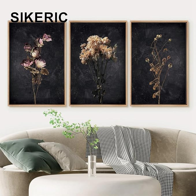 SIKERIC Dark Moody Dried Floral Wall Art, Framed Canvas Print Set of 3, Minimalist Botanical Wildflower Wall Art Decor, Black Modern Farmhouse Wall Art Painting for Living Room, Bedroom, Office-16x24