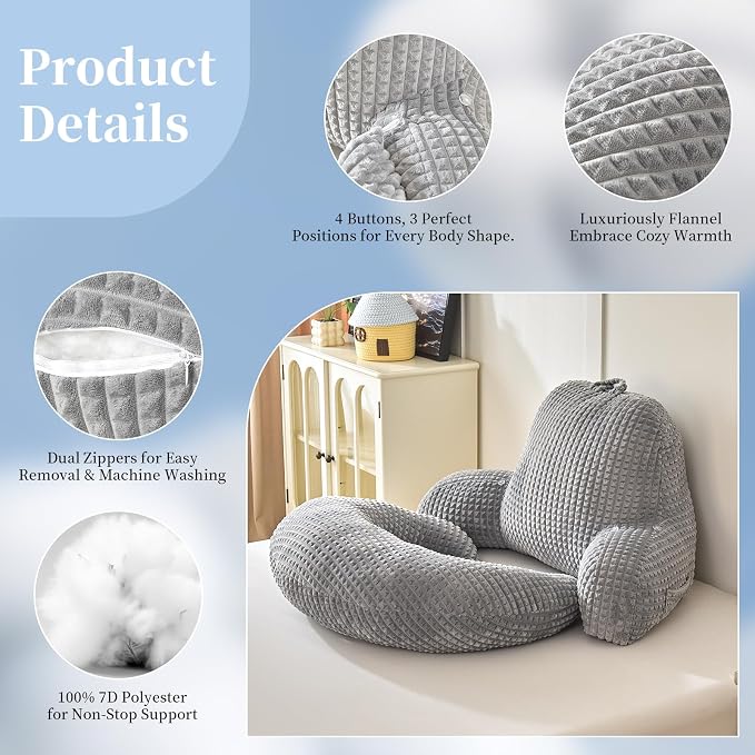 19" Reading Pillow for Bed,U Shaped Arm & Elbow Support,Gray Flannel | Backrest Supports Back,U shaped Lap Pillow Cushions Arms,Elbows & Wrists,Soft Flannel for Reading,Gaming,Watching TV