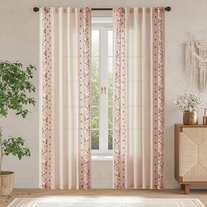 jinchan Red Floral Linen Curtains for Bedroom 84 Inches Length Holiday Curtain Embroidered Bordered Curtains for Living Room Farmhouse Decor Light Filtering Window Treatments Red on Beige 2 Panels