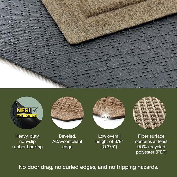 WaterHog Squares Front Door Mat Indoor Outdoor Entrance, Absorbent All-Weather Doormat with Non-Slip Rubber Backing, Dirt & Moisture Trapper, Low Profile, Easy Clean, Made in USA, 22"x60" Camel