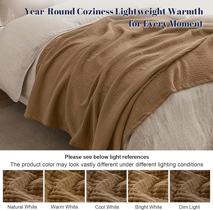 PHF 100% Cotton Muslin Throw XL Blanket Large 50" x 70", 4-Layer Lightweight Gauze Throw, Breathable Cloud-Soft Minimalist Blanket for Bed, Couch, Camping & Baby, Coco Brown, Ideal Gift