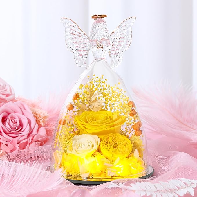Mothers Day Rose Gifts for Women Preserved Real Flower in Glass Angel Figurines Roses for Delivery Prime Birthday Gifts for Mom Grandma Girlfriend Wife Her,Yellow Austin Roses
