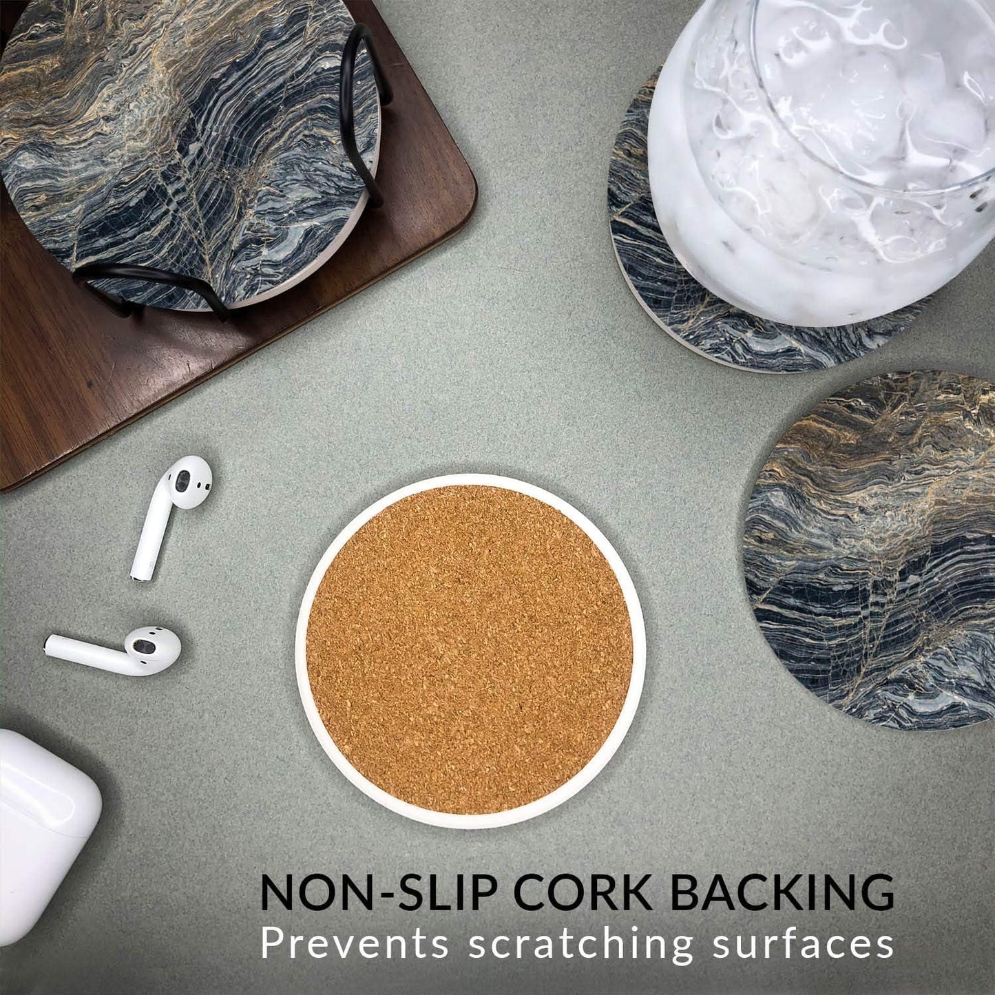 Emerson Coasters for Drinks Absorbent – Natural Stone Drink Coasters Set with Holder, Coasters for Coffee Table, Wooden Tabletop Protection Marble Style – 100% Heavy Duty Set of 6 (Lava)