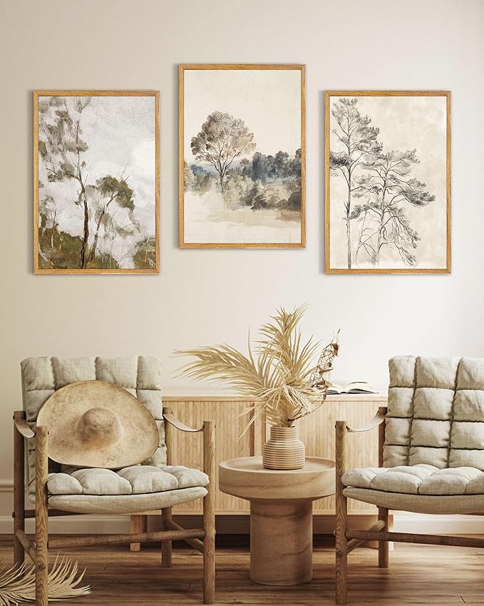 UPWOIGH Neutral Landscape Framed Wall Art, 16 x 24 Inch, Set of 3 | Muted Tree and Countryside Prints, Soft Beige and Gray Tones, Light Wood Frames for Bedroom, Office and Living Room