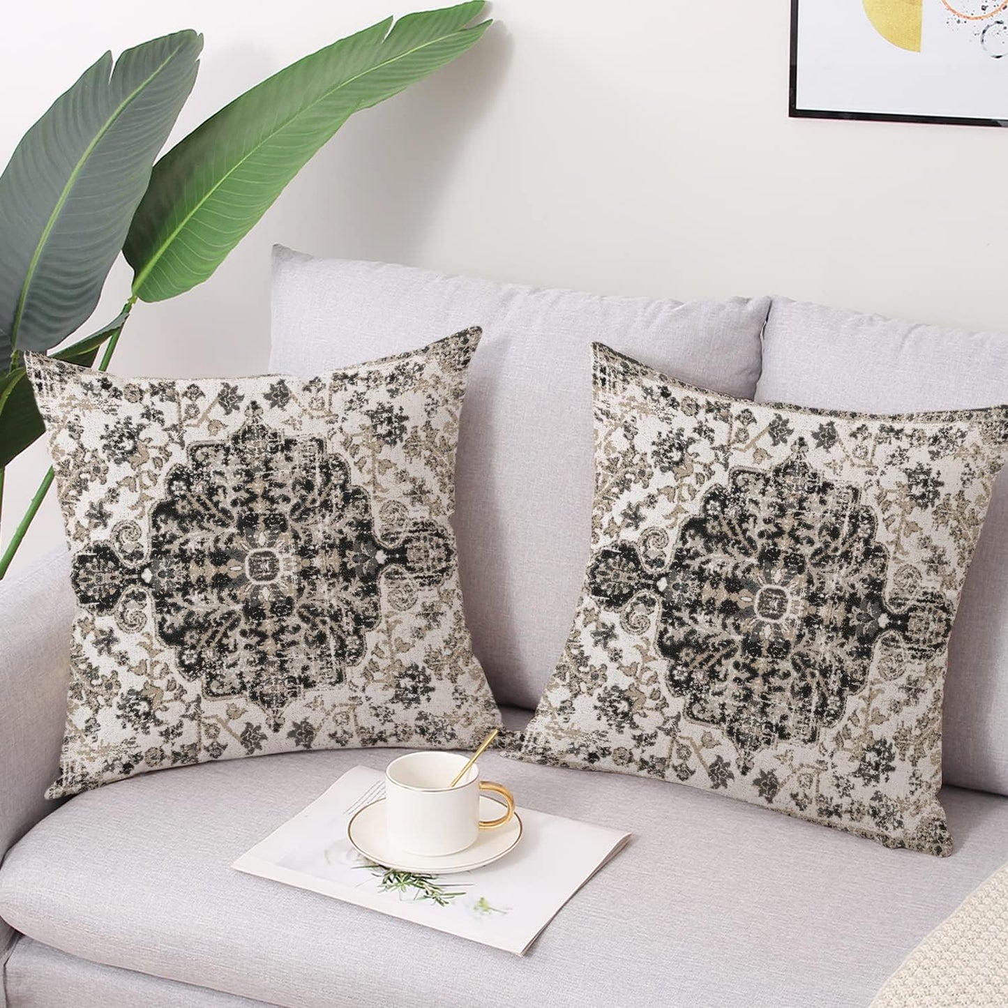 Outdoor Waterproof Pillow Covers 16X16 Inch Set of 2 - Bohemian Vintage Carpet Pattern Black Grey Ethnic Design Decorative Farmhouse for Couch Garden Balcony