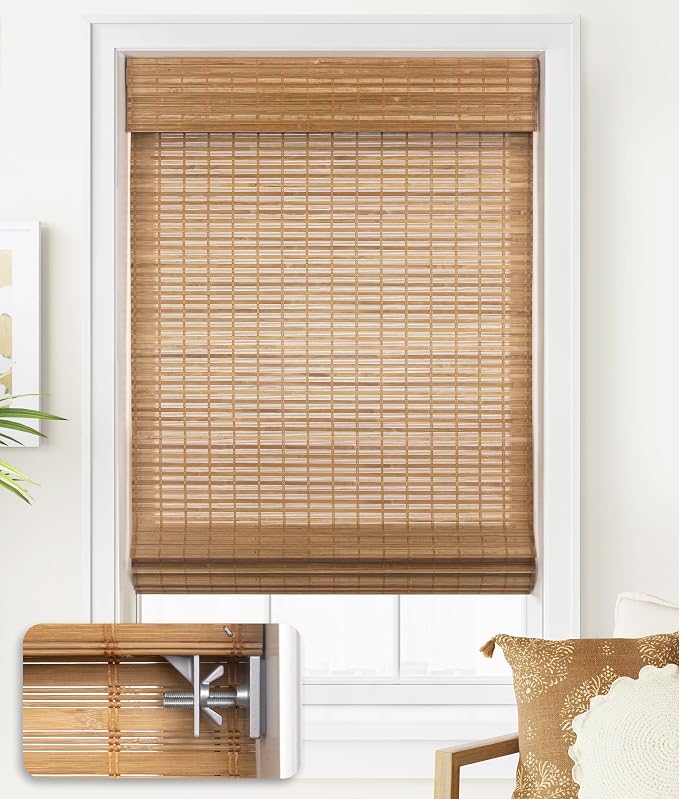 LazBlinds No Drill Bamboo Roman Shades, 29x64, Squirrel | Light Filtering Window Treatment, No Tools Cordless Roll Up Bamboo Blinds for Window