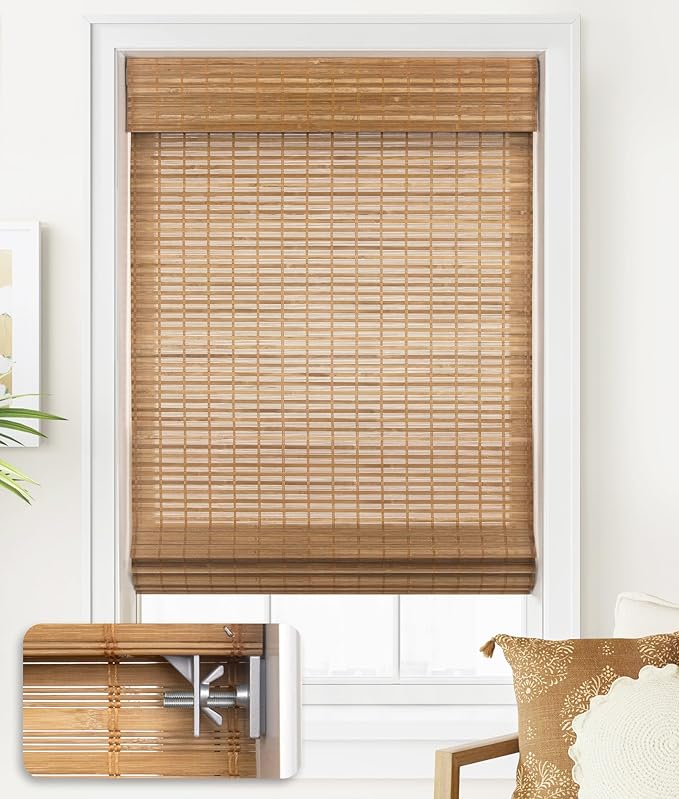LazBlinds No Drill Bamboo Roman Shades, 20x64, Squirrel | Light Filtering Window Treatment, No Tools Cordless Roll Up Bamboo Blinds for Window