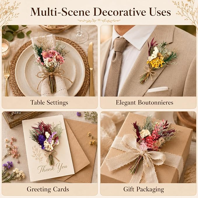 12/24PCS Handmade Dried Flower Bouquet with Stems Natural Dried Wildflowers 7.5 Inch Mini Dry Flowers for Vase Farmhouse Decor, Wedding Styling, Photography Props, Gift DIY(24pcs, Colorful)