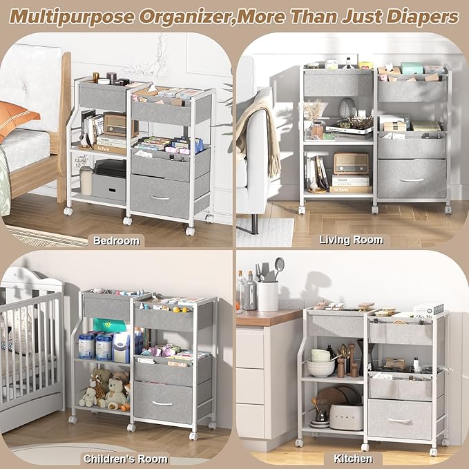 Baby Diaper Caddy Organizer and Storage, 3 Tier Rolling Cart with Dividers and Drawers, Mobile Utility Cart with Wheels for Nursery, Bedroom, Baby Newborn Essentials Storage Cart, White