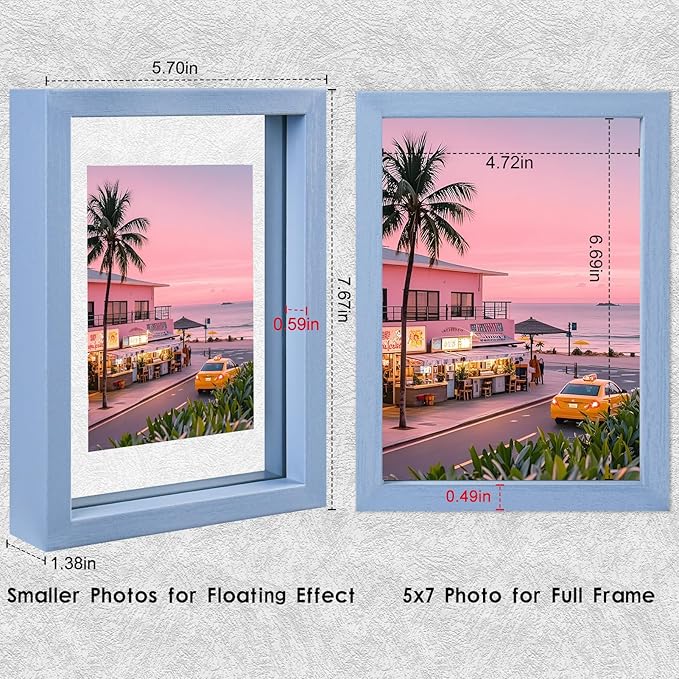 MUYE 5x7 Floating Frame Set of 2,Double Real Glass Photo Frame for Wall Hanging or Tabletop Standing,Also Display 4x6 or 3x5 Photo for Floating Effect,Blue