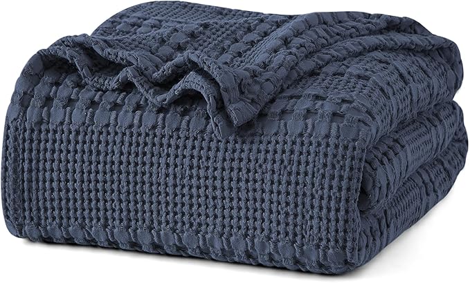 PHF 100% Cotton Waffle Blanket King Size for Bed, Lightweight Breathable and Soft for Summer, Luxury Aesthetic Waffle Weave Blanket for Home Decor & Gifts for Women, 108"x90", Indigo