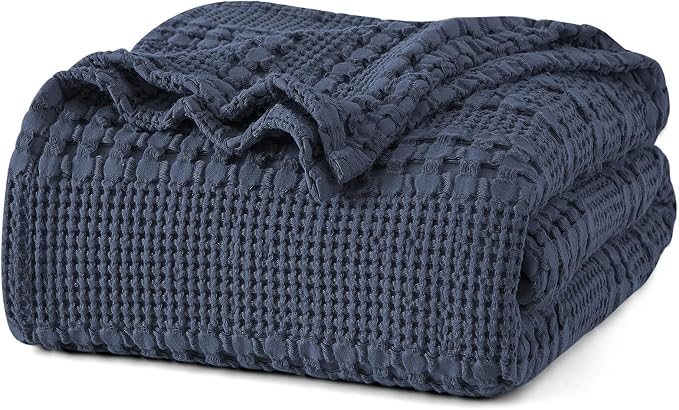 PHF 100% Cotton Waffle Blanket Queen Size for Bed, Lightweight Breathable and Soft for Summer, Luxury Aesthetic Waffle Weave Blanket for Home Decor & Gifts for Women, 90"x90", Indigo