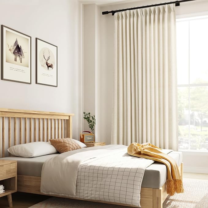 Guken Beige Pinch Pleated Linen Curtains 84 Inch Length 2 Panels Set for Living Room Bedroom Modern Farmhouse Boho Semi Sheer Back Tab Window Privacy Draps with Hooks Rings for Dining Room 40x84