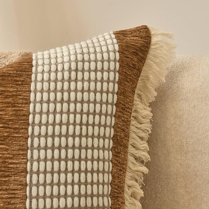 Burnt Orange Decorative Boho Throw Pillow Cover 20x20 | Modern Accent Square Pillows Cover with Handmade Drawn Work Tassel for Couch Bed Living Room Decorative