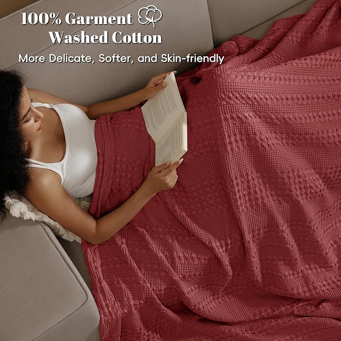 PHF 100% Cotton Waffle Blanket Twin Size for College Dorm, Lightweight Breathable and Soft for Summer, Luxury Aesthetic Waffle Weave Blanket for Bed & Gifts for Women, 66"x90", Wine Red