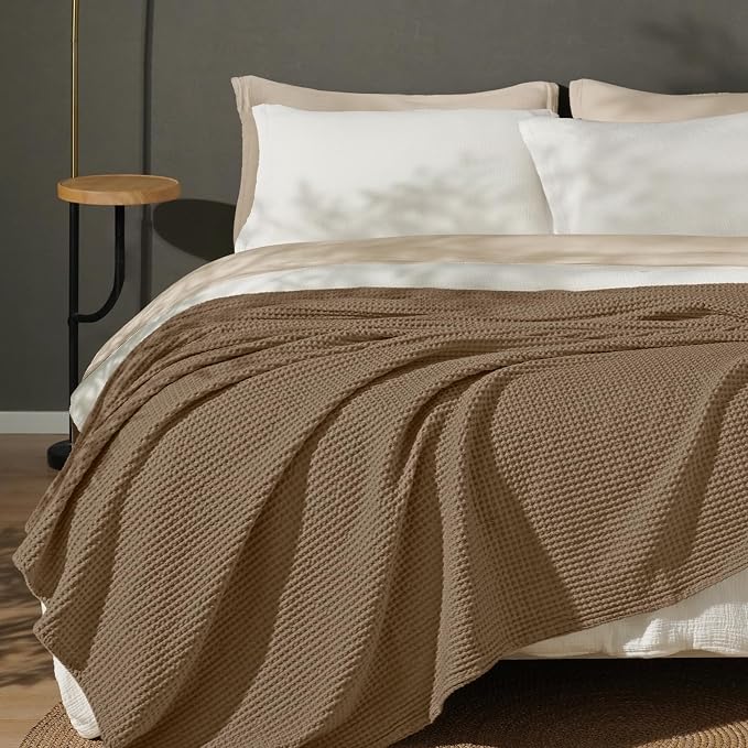 PHF Pre-Washed Cotton Waffle Weave Blanket Twin Size for Bed, Snag Proof Throw Blanket for Couch Spring Summer Lightweight Breathable, Oeko-TEX Certified, Machine Washable,Home Decor Gift-Walnut Brown