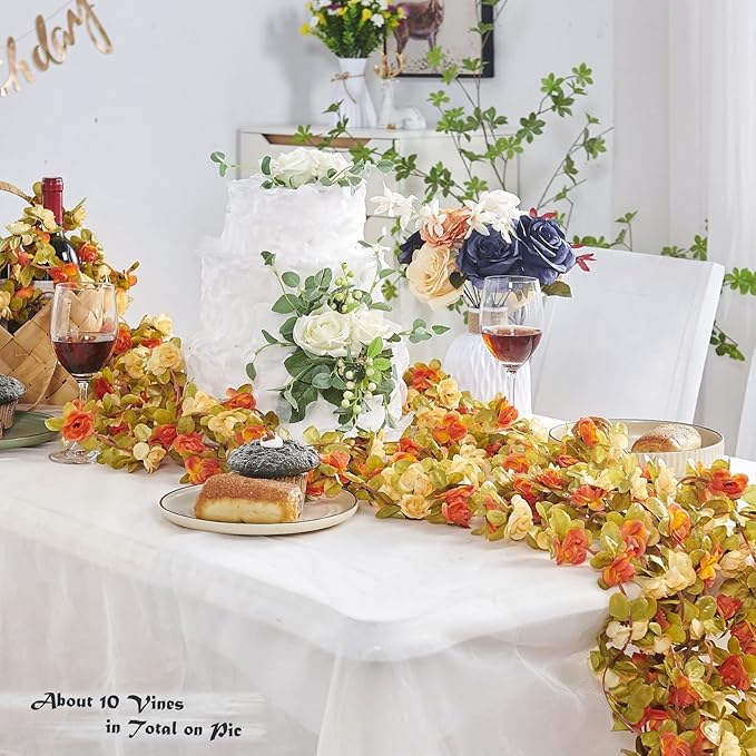 PONKING 8 Pcs x 8.2 ft Flower Garland Artificial Rose Vine Flowers with Green Leaves Hanging Fake Roses Vine for Room Party Home Wedding Birthday Christmas Wall Arch Decor, Fall Champagne Flower