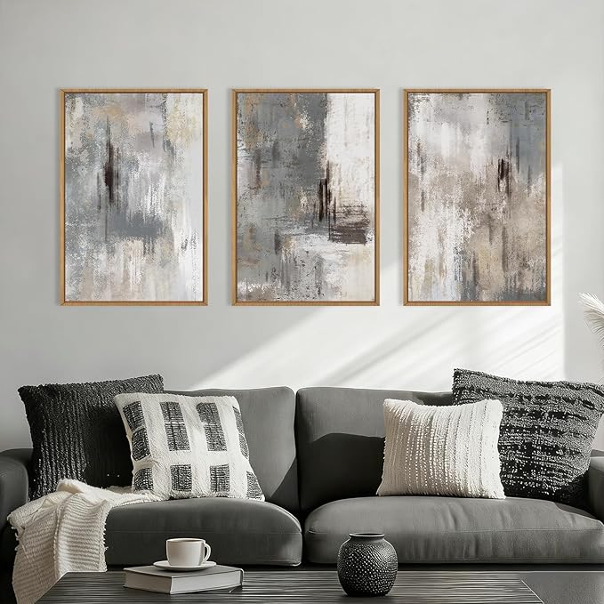 Large Abstract Neutral Gray Beige Framed Canvas Wall Art,Modern Minimalist Earth Tone Brushstroke Wall Decor,Vintage Rustic Color Block Artwork for Living Room,Bedroom,Farmhouse- 16"x24"x3