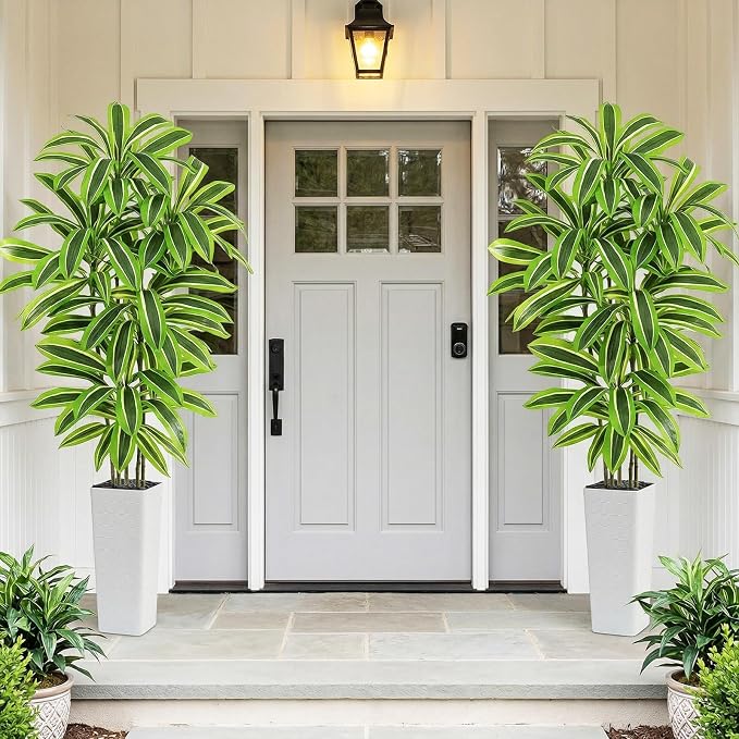 Artificial Yellow Dracaena Tree - 7FT Tall Fake Plants with White Tall Planter - Artificial Plants Indoor Floor Plant in Pot - Large Tropical Fake Yucca Potted Tree for Home Office Living Room Decor