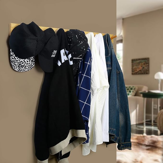 WEBI Coat Rack Wall Mounted,10 Hooks,38" Long Coat Hanger Wall Mount,Peg Rail Hat Hooks for Hanging Caps,Jacket,Clothes,Coats,Natural