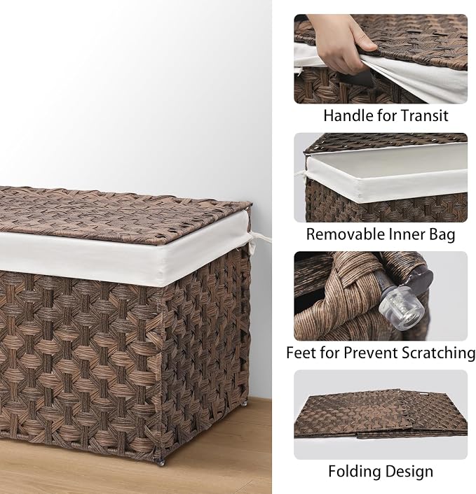 Wicker Storage Basket with Lid, 52.8 Gallon (200L) Large Blanket Basket with Lid, Woven Storage Bin with Handles, Removable Liner, Metal Frame, Foldable, for Bedroom, Laundry Room, Brown