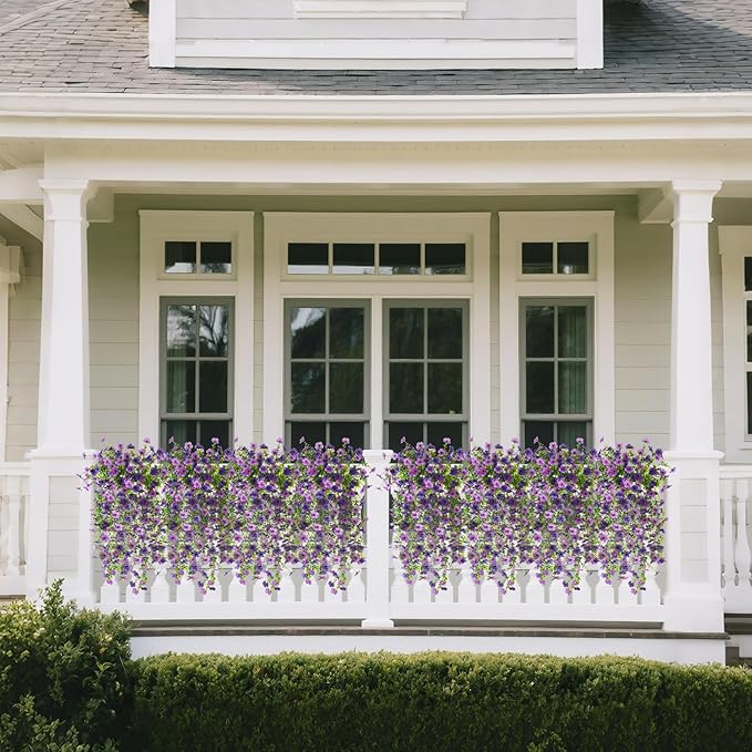 Homsunny Artificial Hanging Flowers for Outdoor, 2PCS Fake Flowers Faux Silk Daisy with Eucalyptus Leaves, UV Resistant Aritificial Flowers for Spring Home Patio Yard Porch Decor (Double Purple)